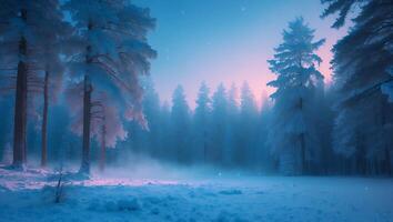 Snowy Forest at Dusk with Fog and Tall Pine Trees photo