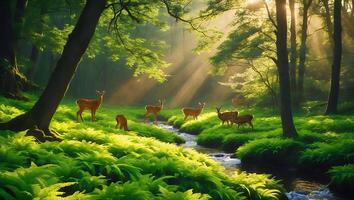Deer Herd Grazing by Stream in Sunlit Forest Meadow with Ferns photo