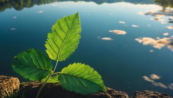 Green Leaf Growing Near Water Reflecting Sky and Clouds Calm Scenery photo
