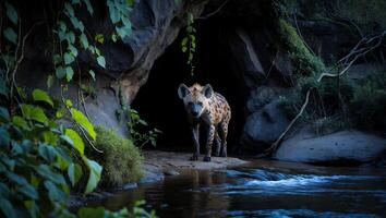 Hyena Walking Out of Cave Along Stream in Natural Habitat photo