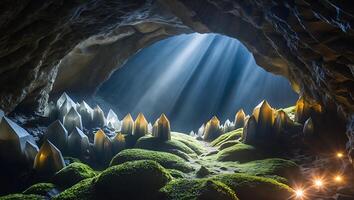 Exploring Mossy Cave with Crystals and Sunbeams Creating a Magical Scene photo