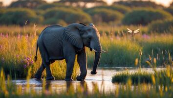 Elephant Walking Through Shallow Water with Dragonfly in Natural Habitat photo