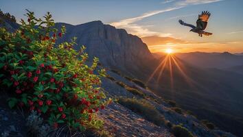 Hawk Flying Over Mountain Landscape at Sunset with Red Berry Bush photo