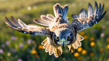 Hawk Flying Low Over Grassy Field with Wildflowers During Daytime photo