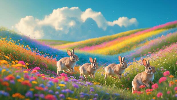 Rabbits Running in Flower Field Under Blue Sky with White Clouds photo