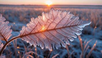 Frozen Leaf Close Up Illuminated by Golden Sunlight at Winter photo