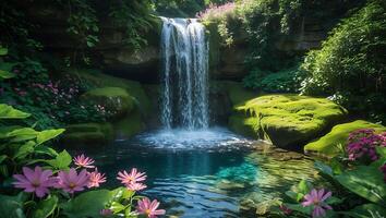 Waterfall Flowing Into Tranquil Pond Surrounded by Lush Greenery photo