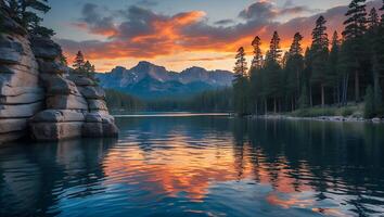 Lake Reflection at Sunset with Mountains and Forest Scenery photo