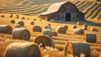 Hay Bales in Golden Field with Barn at Golden Hour photo