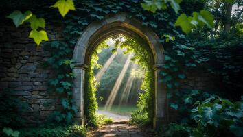 Sun Rays Through Stone Archway with Lush Green Ivy and Foliage photo