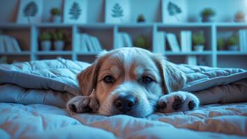 Resting Dog on Bed with Cozy Blanket in Tranquil Room photo