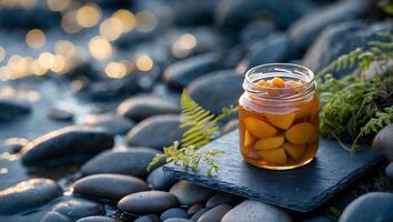 Jar of Preserved Fruit on Rock Near Water with Bokeh Effect photo