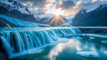 Cascading Waterfall Flowing Into Glacial Lake with Mountains at Sunset photo