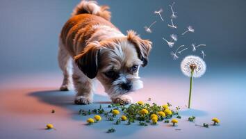 Small Dog Exploring Dandelion Seeds and Yellow Flowers on Soft Surface photo