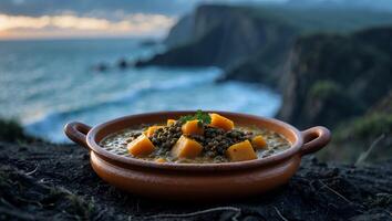 Eating Nutritious Soup with Ocean View for a Healthful Lifestyle photo