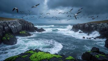 Birds Fly Over Crashing Waves Against Rocky Coastline with Moody Sky photo