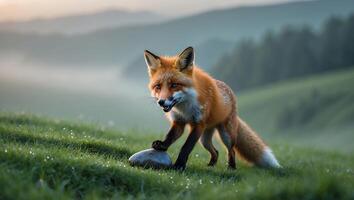 Fox Pawing a Rock on a Misty Grassy Hillside at Dawn photo