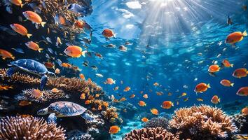 Turtle Swimming Through Coral Reef with Tropical Fish and Sunlight photo
