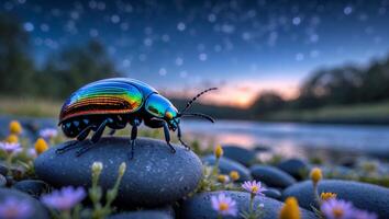 Iridescent Beetle on River Rocks at Dusk with Starry Sky photo