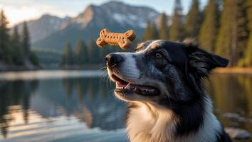 Dog Watching Bone Treat Floating Above Nose Near Calm Lake photo