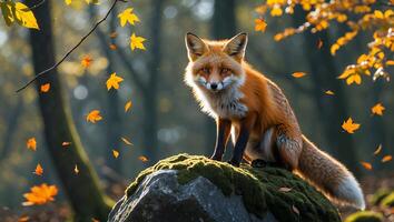 Fox Sitting on Mossy Rock As Autumn Leaves Are Falling photo