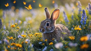 Rabbit Sitting in Meadow with Butterflies and Wildflowers Springtime photo