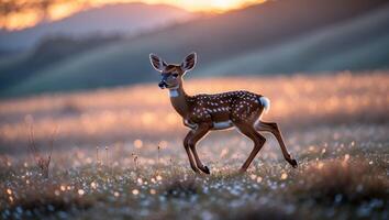 Deer Fawn Running in Meadow at Sunset with Golden Light photo