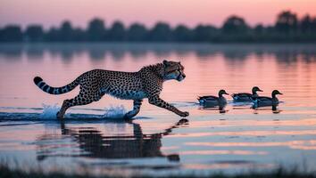Cheetah Run Through Water Approaching Ducks at Twilight Lake Scene photo