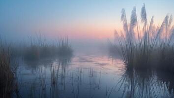 Wetland Landscape with Fog and Grass at Dawn Reflecting in Water photo