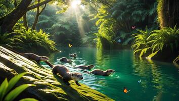 Otters Swimming in a Stream Surrounded by a Lush Green Forest photo