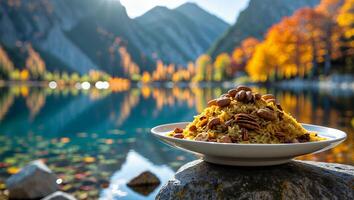 Serving Rice with Nuts at Lake with Scenic Mountain Backdrop photo