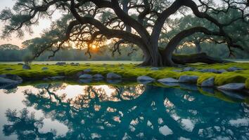 Majestic Tree Reflection in Calm Water at Sunset Scene photo