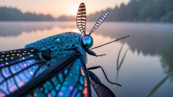 Observing Butterfly Reflections at Lake During Sunrise Beautiful Nature Scene photo