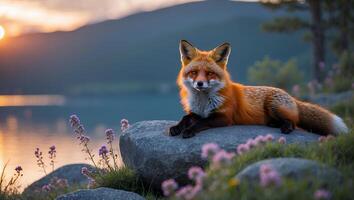Fox Resting on Rock Near Lake at Sunset in a Natural Scene photo