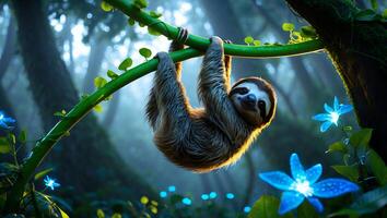 Sloth Hanging From Vine in Forest with Glowing Flowers Around photo