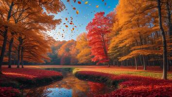 Autumn Forest Landscape with Falling Leaves and Stream Reflection photo