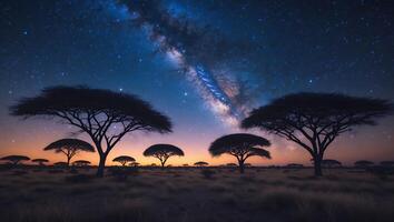Starry Night Scene with Trees Silhouettes and Milky Way Galaxy photo