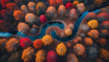Aerial View of Autumn Trees Along Winding Stream Creating Scenic Landscape photo