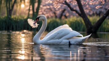 Swan Swimming in Lake Holding Feather with Sunset and Cherry Blossoms photo