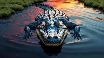 Alligator Swimming in River at Sunset Nature Scene Wildlife View photo