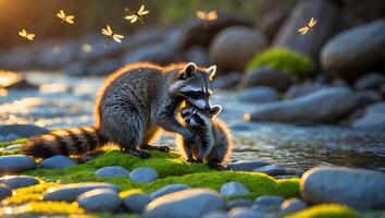 Raccoon and Cub Interaction by a River with Dragonflies photo