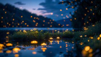 Glowing Flowers Reflecting in Water at Dusk Creating Magical Atmosphere photo
