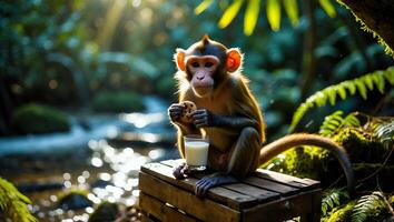 Monkey Sitting Eats Cookie and Drinks Milk Outdoor in Nature photo