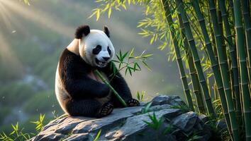 Panda Eating Bamboo on Rock with Lush Green Bamboo Forest photo