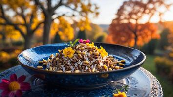 Rice Dish with Pine Nuts and Flowers Served Outdoors on Table photo