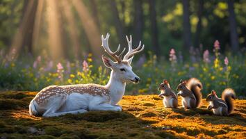 Deer Resting with Squirrels in Sunny Forest Glade at Sunset photo