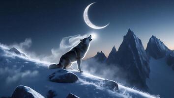 Wolf Howling at Crescent Moon in Snowy Mountain Night Landscape photo