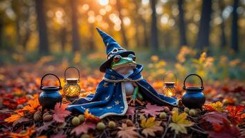 Frog Wearing Wizard Costume in Autumn Forest with Lanterns and Cauldrons photo