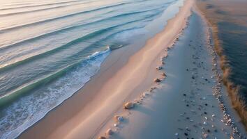 Aerial View Gentle Waves Lapping Sandy Beach with Pebbles and Grass photo