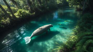 Manatee Swimming in Clear Turquoise River Surrounded by Lush Forest photo